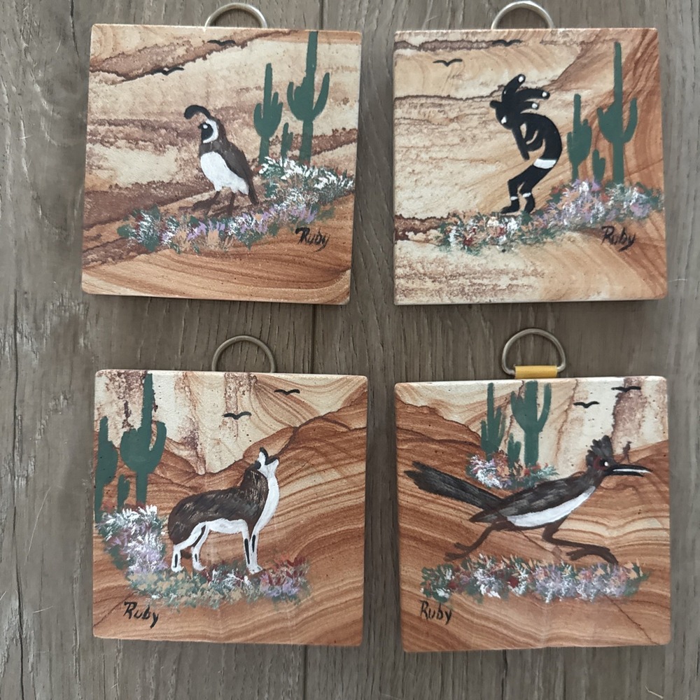 Hand Painted Sandstone Coasters Signed By Ruby 3" x 3" Set of 4 Roadrunner